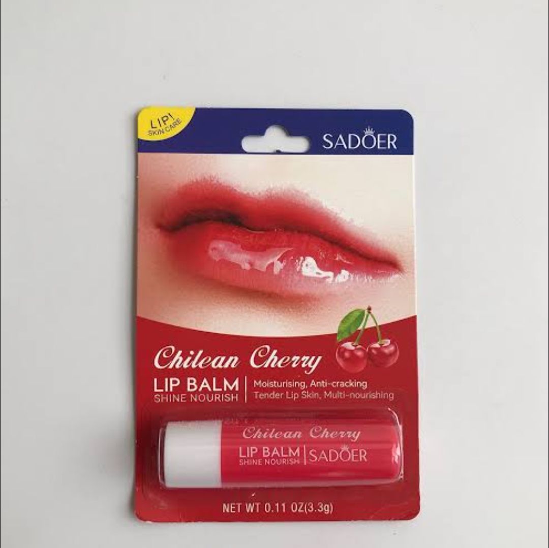 SADOER lip balms featuring different flavors such as Spearmint Mint, Chilean Cherry, Chocolate and Mango Fruit.