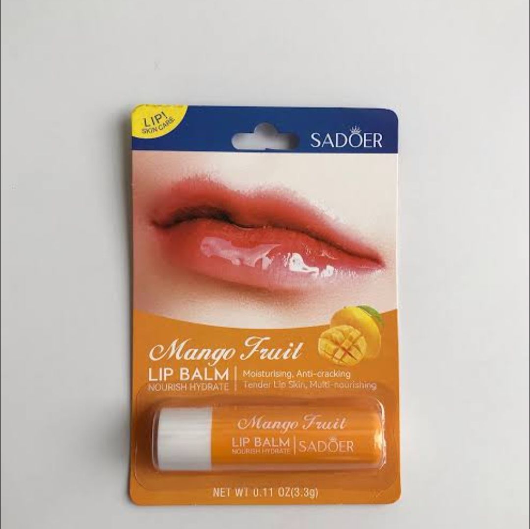 SADOER lip balms featuring different flavors such as Spearmint Mint, Chilean Cherry, Chocolate and Mango Fruit.