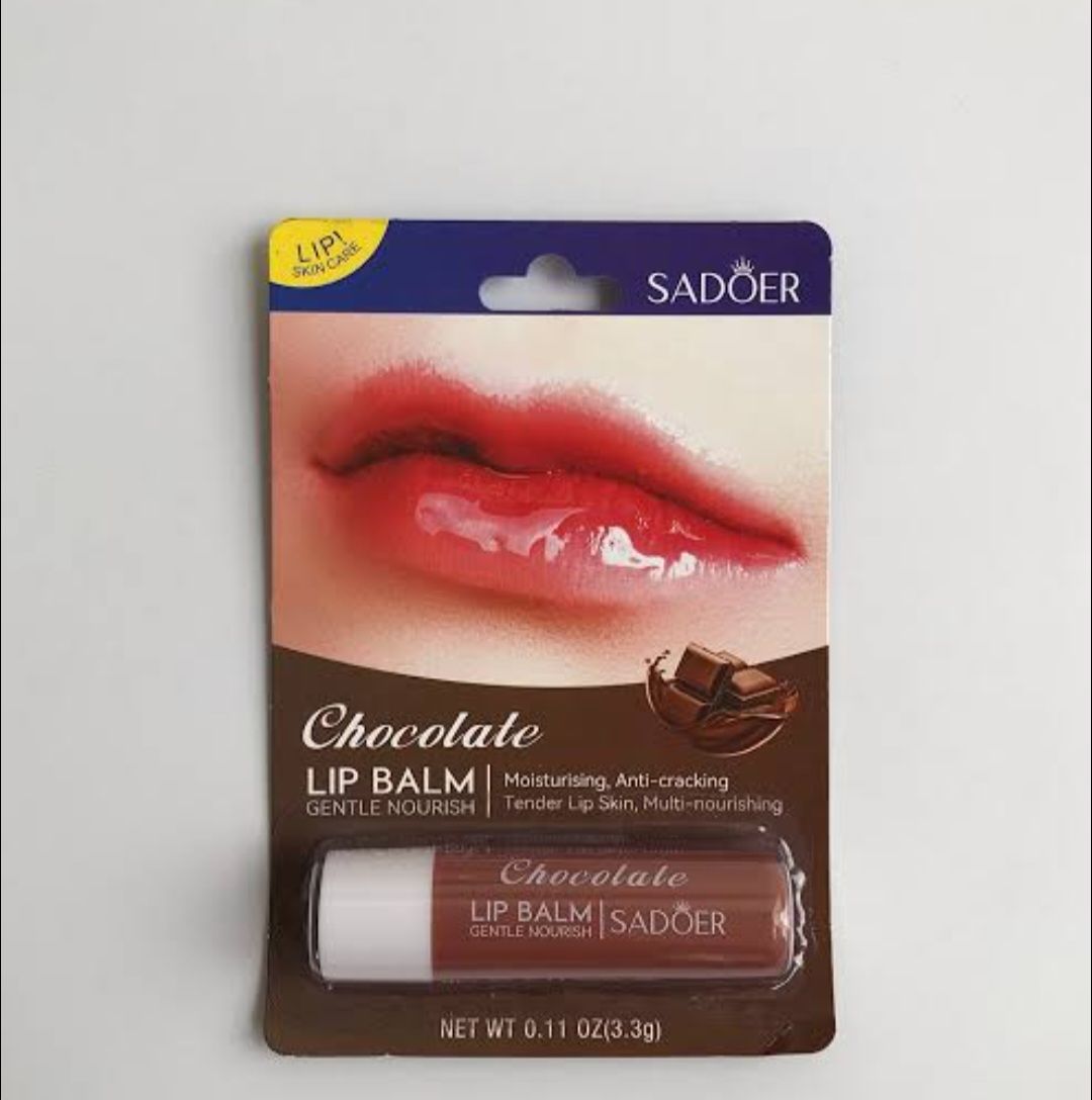 SADOER lip balms featuring different flavors such as Spearmint Mint, Chilean Cherry, Chocolate and Mango Fruit.