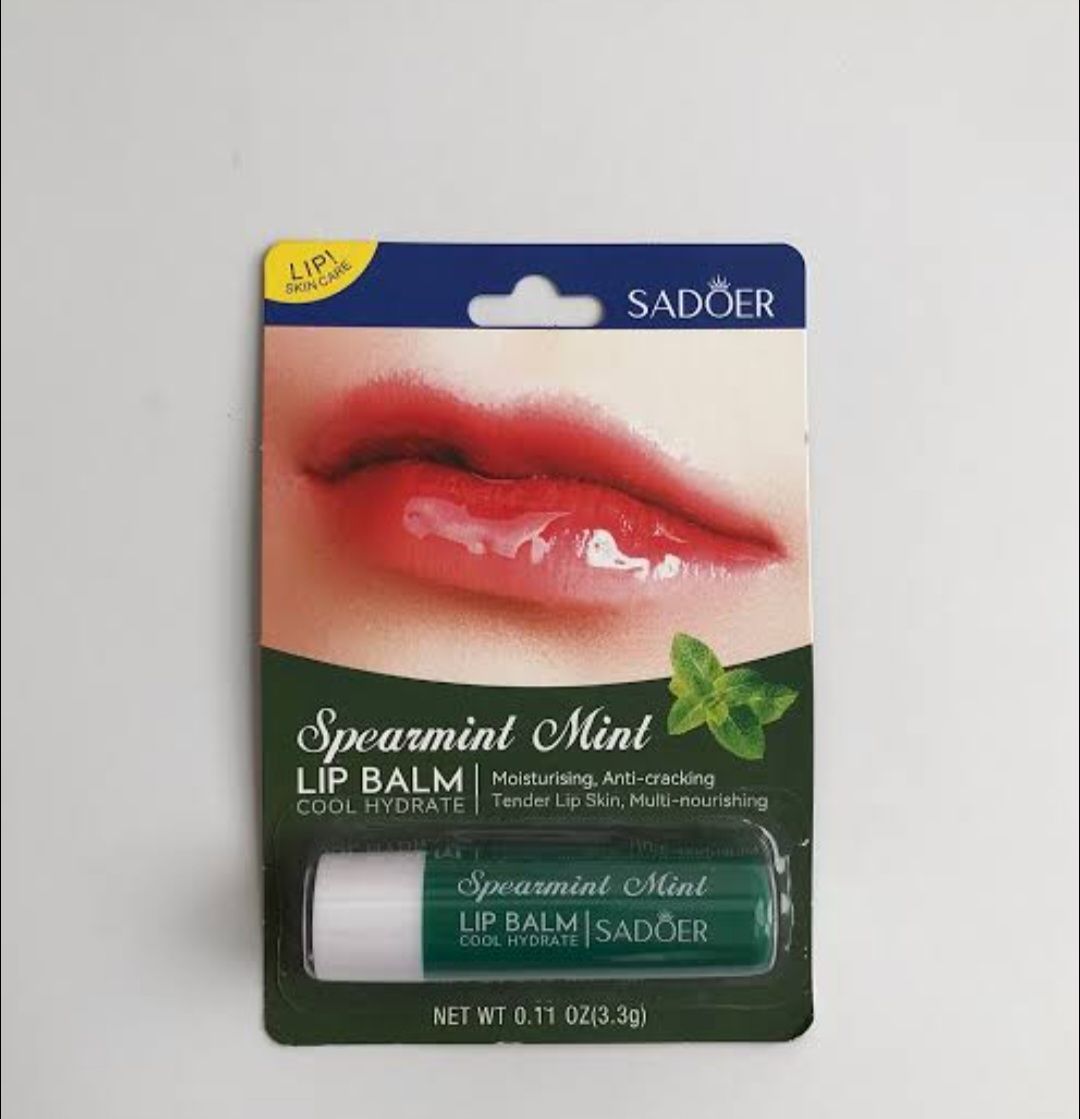 SADOER lip balms featuring different flavors such as Spearmint Mint, Chilean Cherry, Chocolate and Mango Fruit.