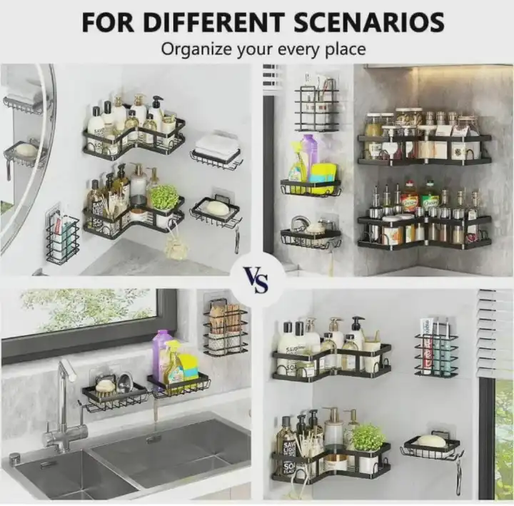 Back in stock,TRIANGULAR 5 in 1 metallic bathroom and kitchen organizer shower candy,COMES WITH  ADHESIVE TAPES FOR EASY INSTALLATION.