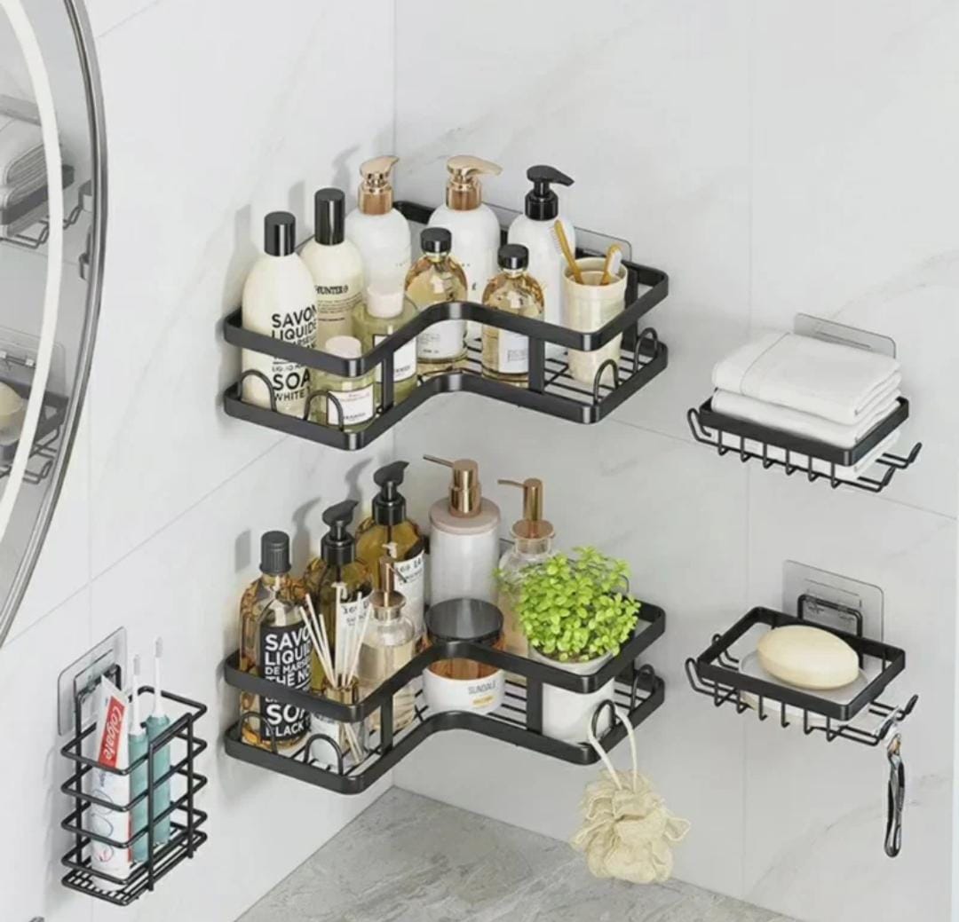 Back in stock,TRIANGULAR 5 in 1 metallic bathroom and kitchen organizer shower candy,COMES WITH  ADHESIVE TAPES FOR EASY INSTALLATION.