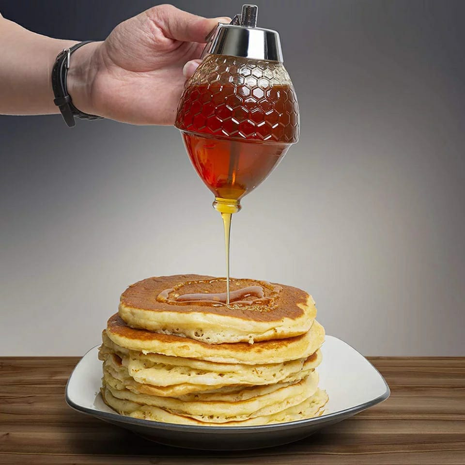 Acrylic storage pot honey dispenser with drip bottle for honey jam and condensed milk,easy to use no drip,easy to clean with just water,it has a non stick surface