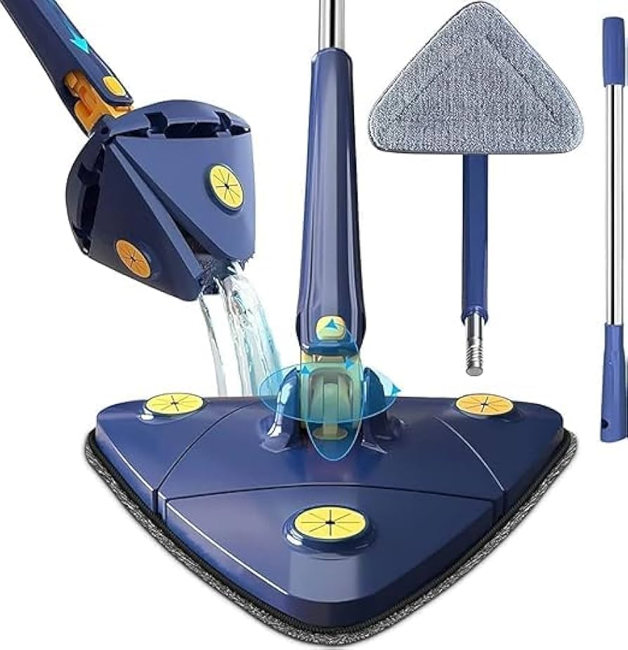 Long handle triangular twist mop-360 rotating microfibre head for corners,adjustable telescopic pole,easy squeeze wringing,deep cleaning for tiles,wood,laminate and hard floors