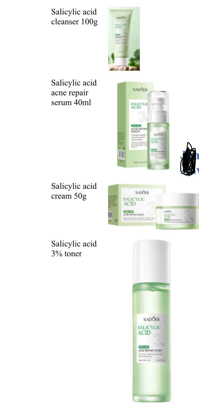 4 in 1 set of 100gsalicylic acid cleanser,40ml  Salicylic acid serum,50g salicylic cream,salicylic 3% toner exfoliates,hydrates and unclogs pores to remove excess sebum and salicylic acne repair cream