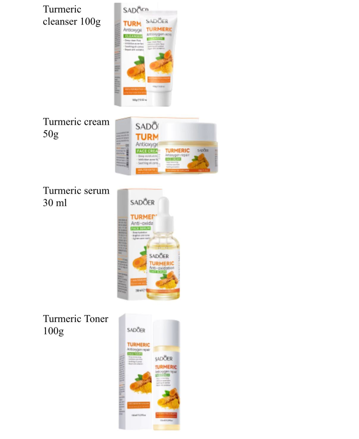 4 in 1 sadoer tumeric set 100g tumeric cleanser,50g tumeric cream,30ml tumeric serum,and 100g tumeric toner