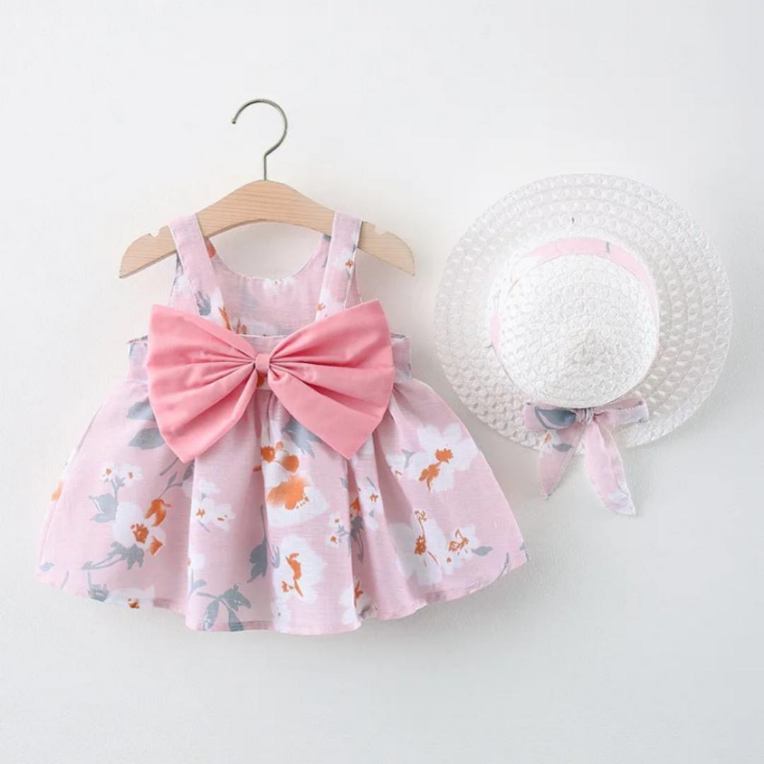 Baby girls dresses. 3M-48Mnths. Sleeveless baby girl big bow dress.  Printed cotton 2- piece with hat. Floral summer dress with hat.2 PCs floral sleeveless dress.