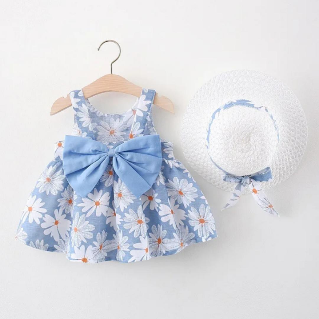 Baby girls dresses. 3M-48Mnths. Sleeveless baby girl big bow dress.  Printed cotton 2- piece with hat. Floral summer dress with hat.2 PCs floral sleeveless dress.