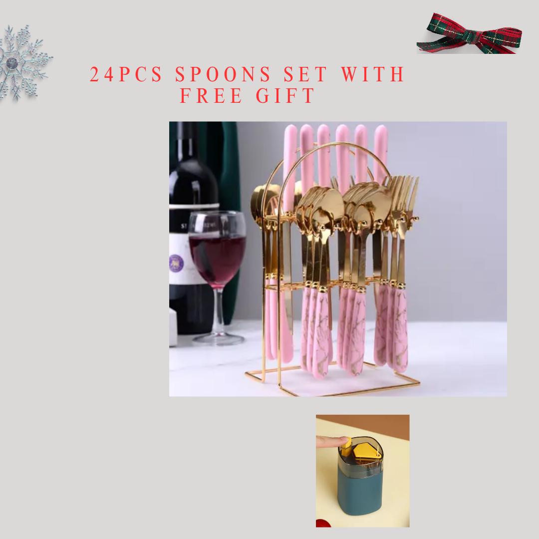 24pcs Marble spoons cutlery set. Light weight. with a free gift of an automatic toothpick dispenser.