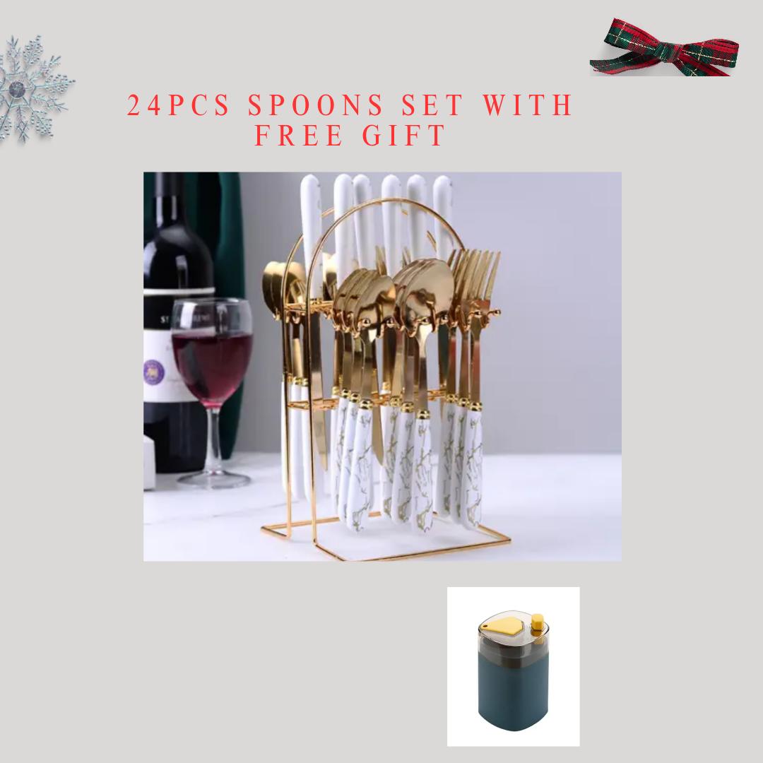 24pcs Marble spoons cutlery set. Light weight. with a free gift of an automatic toothpick dispenser.