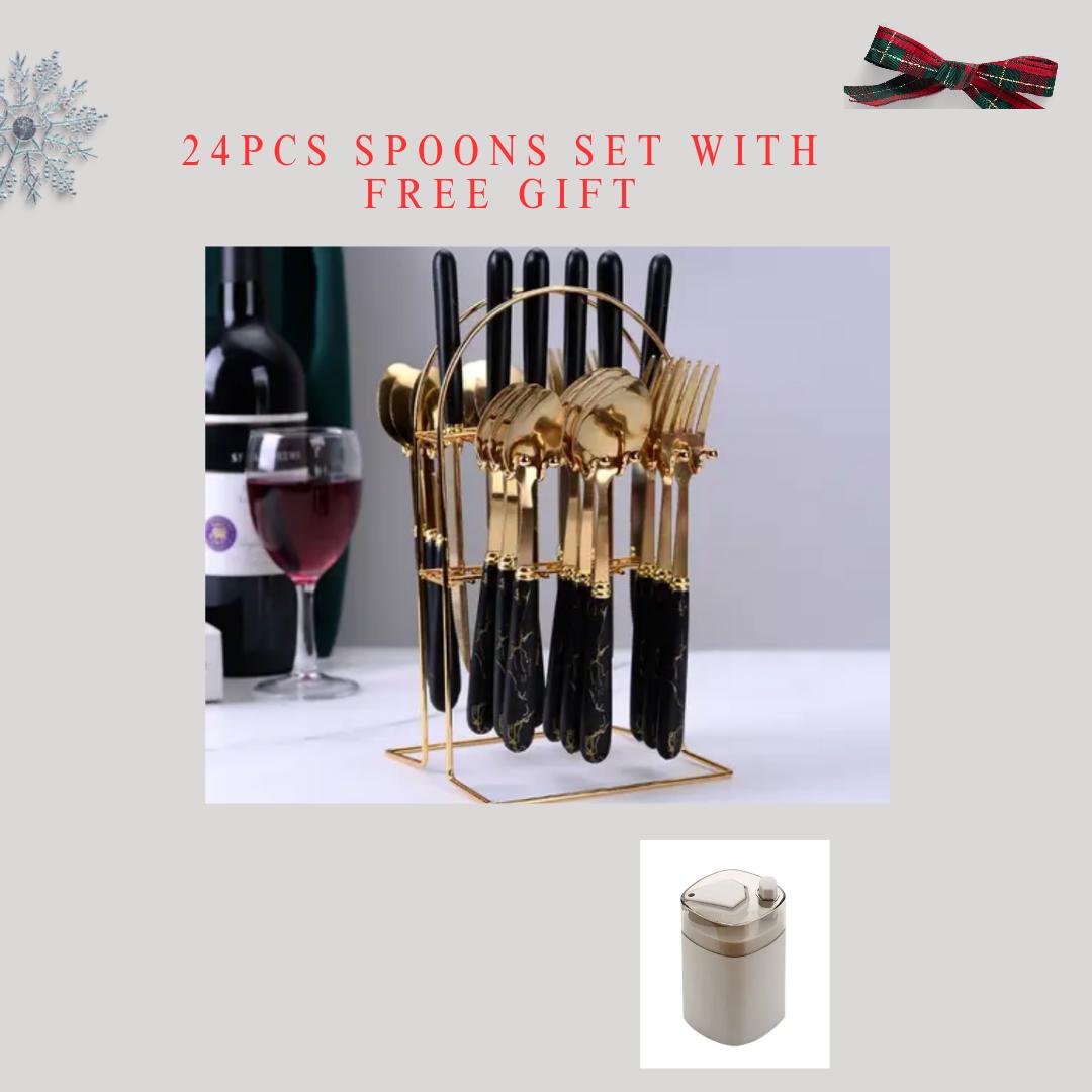 24pcs Marble spoons cutlery set. Light weight. with a free gift of an automatic toothpick dispenser.