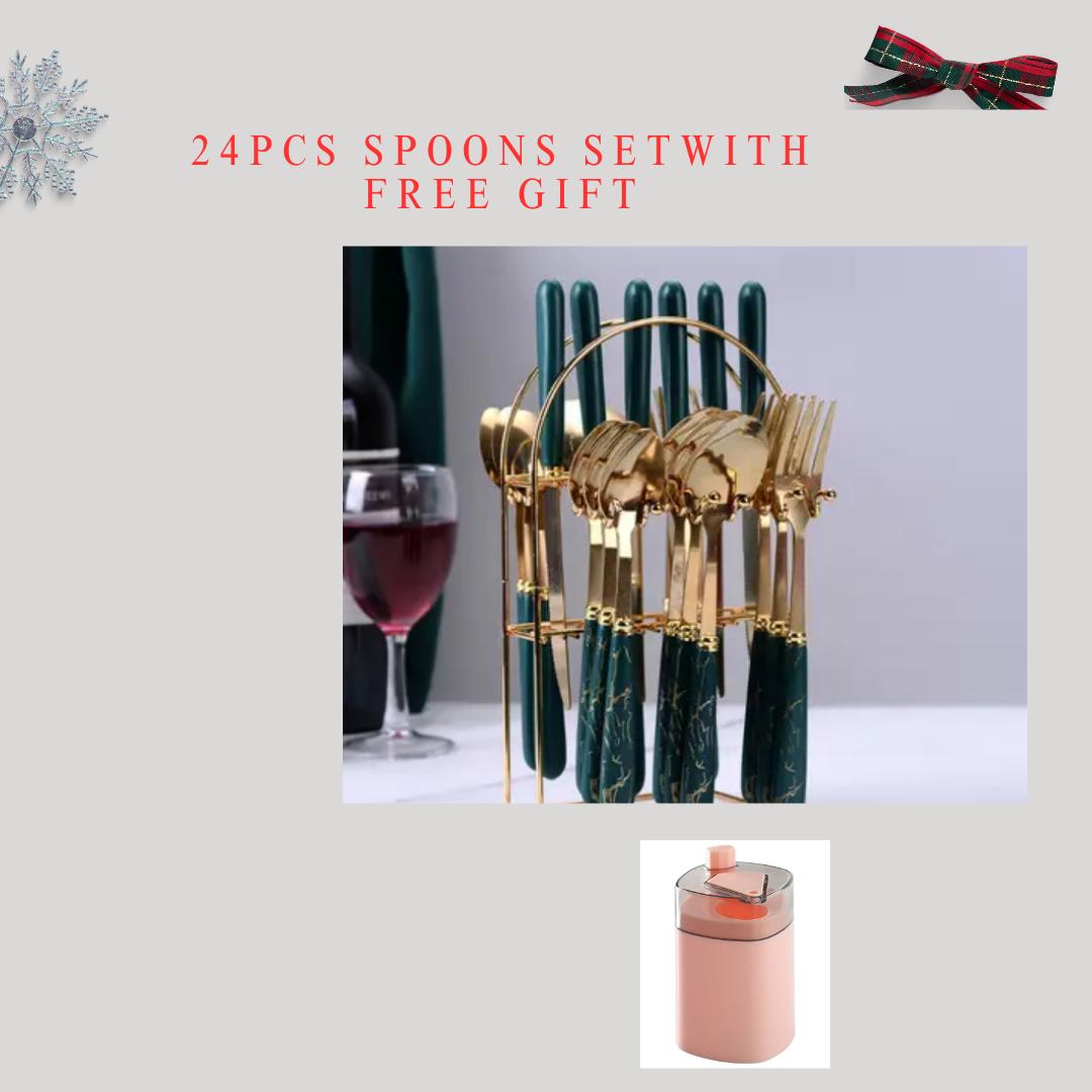 24pcs Marble spoons cutlery set. Light weight. with a free gift of an automatic toothpick dispenser.