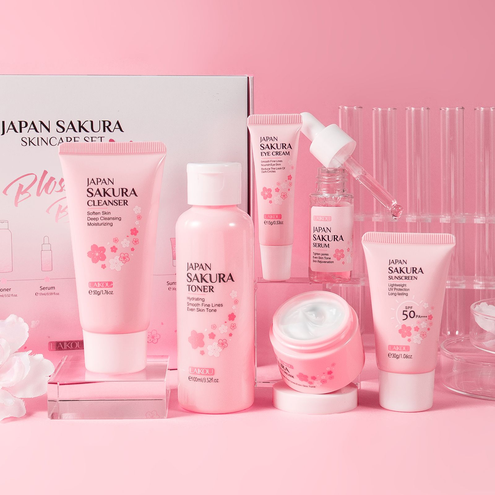 Quality Facial Skin Care Set. Cleanser, Toner, Eye Cream, Serum, Sunscreen & Essence Cream. Moisturizing, Reduces Fine Lines, Brightens Skin Tone. Japan Sakura facial skin care set. Korean Skin care.