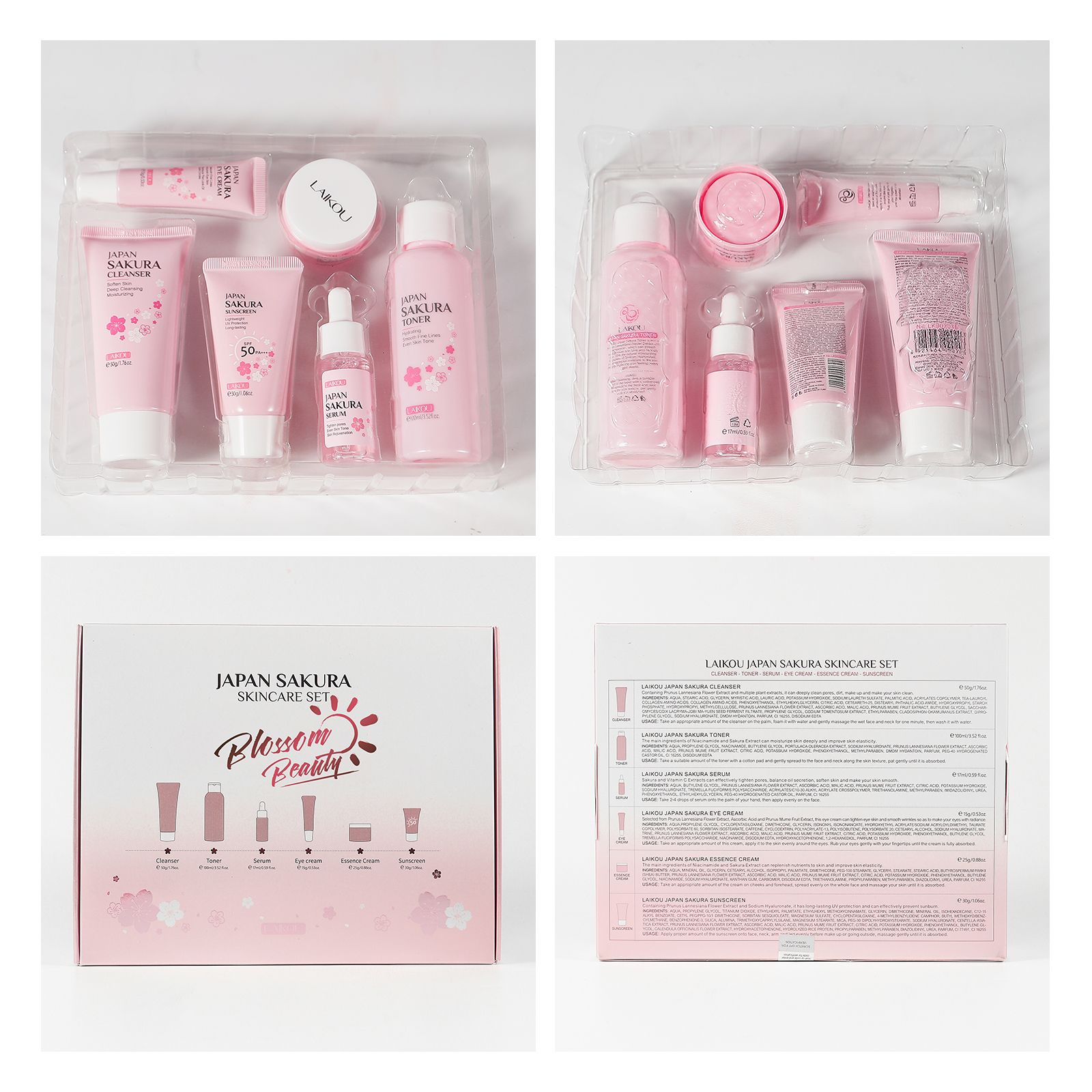 Quality Facial Skin Care Set. Cleanser, Toner, Eye Cream, Serum, Sunscreen & Essence Cream. Moisturizing, Reduces Fine Lines, Brightens Skin Tone. Japan Sakura facial skin care set. Korean Skin care.