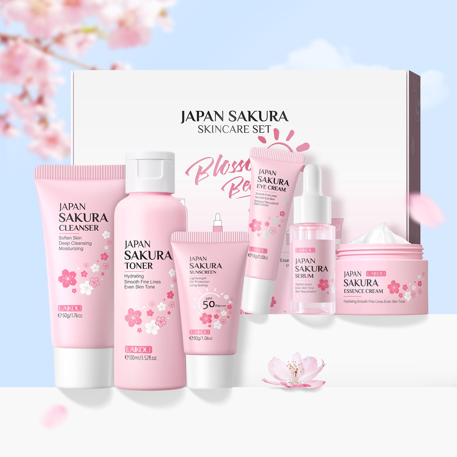 Quality Facial Skin Care Set. Cleanser, Toner, Eye Cream, Serum, Sunscreen & Essence Cream. Moisturizing, Reduces Fine Lines, Brightens Skin Tone. Japan Sakura facial skin care set. Korean Skin care.