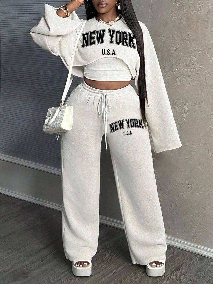 High quality 3pc ladies' tracksuits. Sweatpants +Tube top+ wide leg pants. Heavy turkey quality women clothes.  New York printed 3pc tracksuits. Casual wear, Sportswear, street wear, Travel wear.