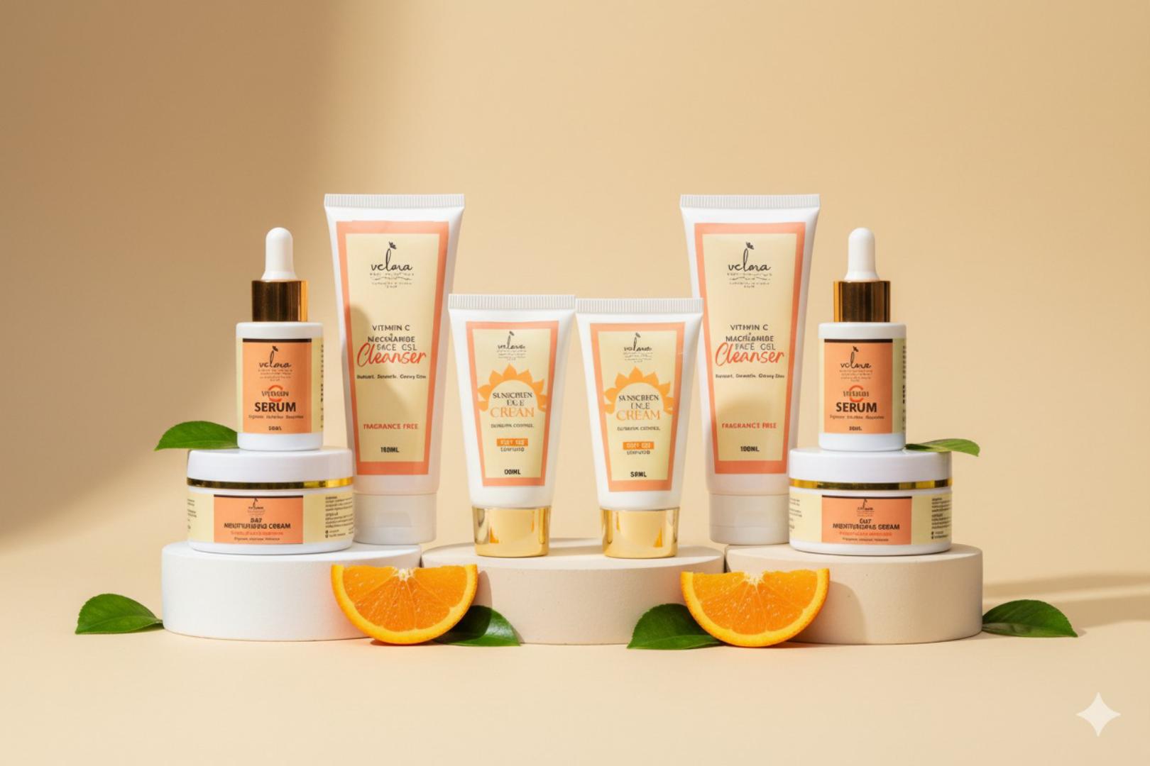 Velora Body Essentials All Plus Kit – Complete Vitamin C + Niacinamide Brightening Skincare Set for Glowing, Hydrated, Even-Toned Skin | 4-Step Face Care Routine for Women | SPF 50 Sunscreen & Serum
