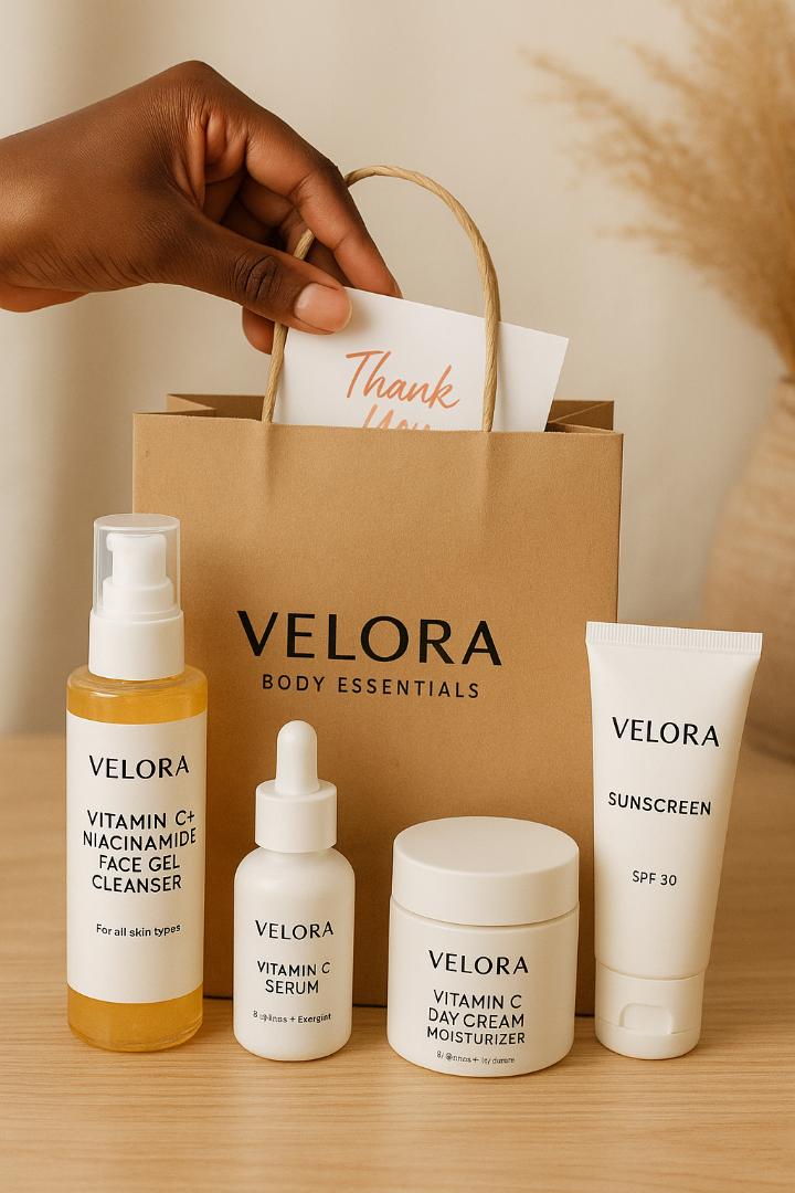 Velora Body Essentials All Plus Kit – Complete Vitamin C + Niacinamide Brightening Skincare Set for Glowing, Hydrated, Even-Toned Skin | 4-Step Face Care Routine for Women | SPF 50 Sunscreen & Serum
