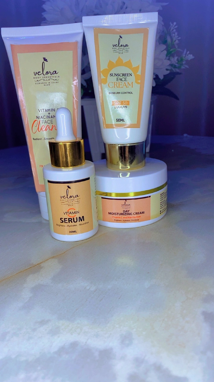 Velora Body Essentials All Plus Kit – Complete Vitamin C + Niacinamide Brightening Skincare Set for Glowing, Hydrated, Even-Toned Skin | 4-Step Face Care Routine for Women | SPF 50 Sunscreen & Serum