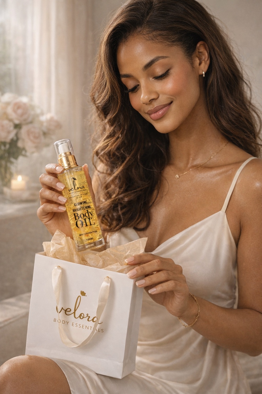 Velora Glowing & Brightening Body Oil with Calendula Petals 100ml – Moisturizing Radiant Skin Oil for Dry Skin, Dark Spots, Even Tone, Natural Glow Body Care for Women & Men