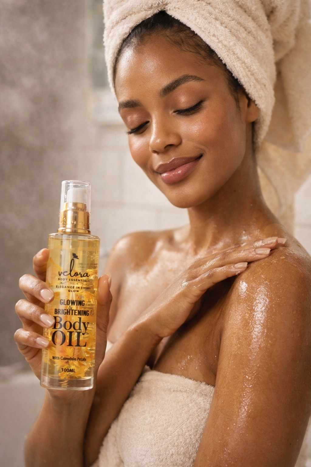 Velora Glowing & Brightening Body Oil with Calendula Petals 100ml – Moisturizing Radiant Skin Oil for Dry Skin, Dark Spots, Even Tone, Natural Glow Body Care for Women & Men