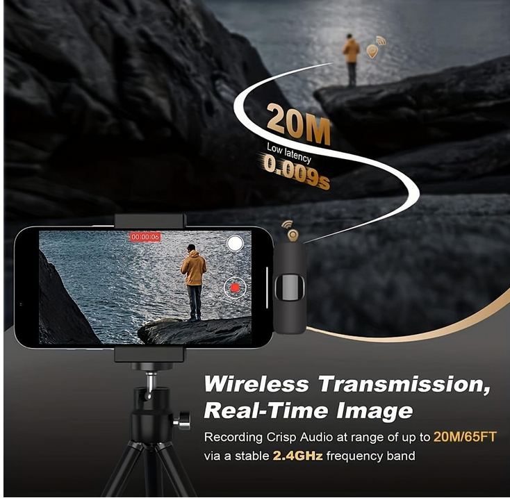 K8 Wireless Lavalier Microphone Plug and Play for iPhone Android 20 m(65 feet) Synchronized Transmission Clear Receiving Intelligent Noise Cancellation Wireless Microphone