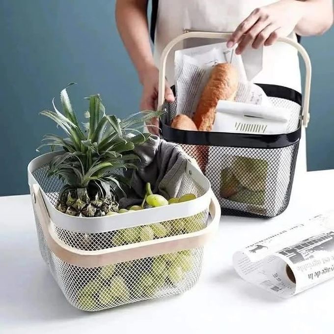 Portable Fruits Storage Basket or Multipurpose Mesh Basket with Bamboo Handle