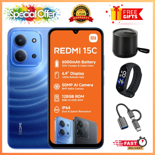 LIMITED OFFERS🔥🔥! REDMI 15C 256/128GB ROM + 8GB/16 RAM EXPANDABLE 6.9'' LCD 50MP Main Camera 8MP selfie camera 6000mAh 33W Fast Charger Android 15 Side Fingerprint -Smartphones