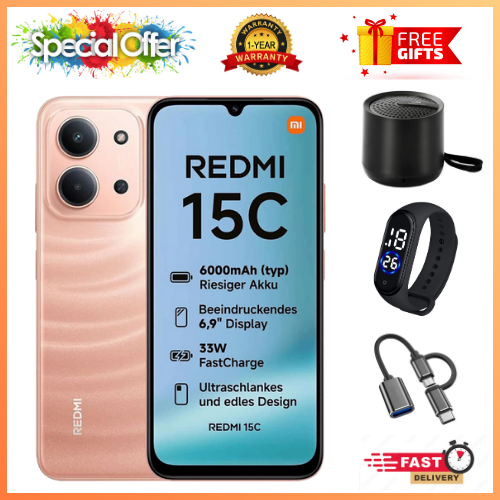 LIMITED OFFERS🔥🔥! REDMI 15C 256/128GB ROM + 8GB/16 RAM EXPANDABLE 6.9'' LCD 50MP Main Camera 8MP selfie camera 6000mAh 33W Fast Charger Android 15 Side Fingerprint -Smartphones