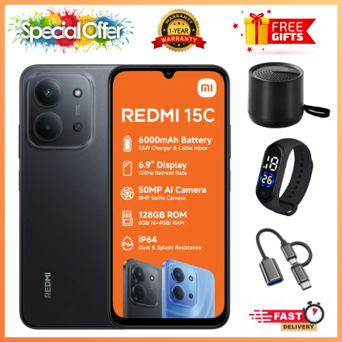 LIMITED OFFERS🔥🔥! REDMI 15C 256/128GB ROM + 8GB/16 RAM EXPANDABLE 6.9'' LCD 50MP Main Camera 8MP selfie camera 6000mAh 33W Fast Charger Android 15 Side Fingerprint -Smartphones