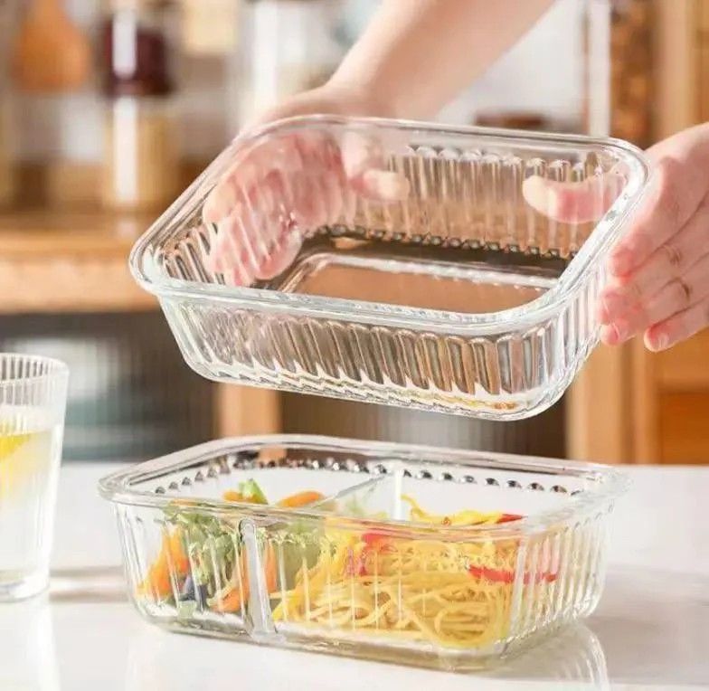 3pcs Borosilicate Glass ribbed Food Storage Containers with Lids - Airtight Leak Proof Food Container Snap & Lock Shut Lids and Silicone Seal Fridge Organizer Stackable Refrigerator Organizer, Glass