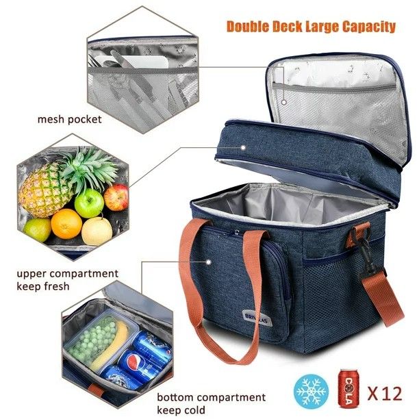 Double Compartment (15L) Lunch Bag, Insulated Lunch Bag Durable Thermal Cooler Bag with Removable Shoulder Strap for Women/Men, Ideal for Work/Hiking/Picnic/Fishing/Beach Etcc Outdoor Activities