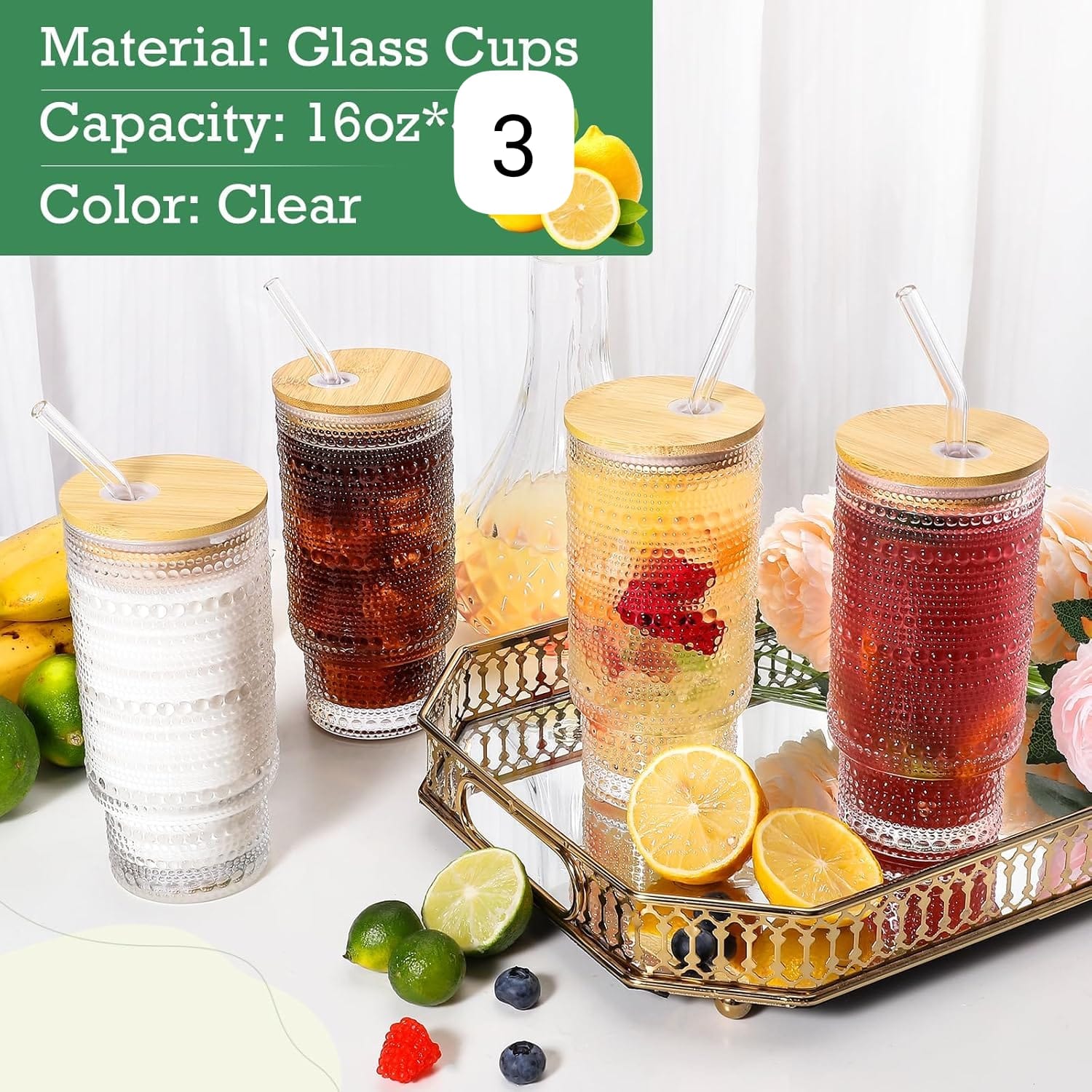 475ml Glass Cups with Lids and Straws, Vintage  Embossed tumbler Glassware for Whiskey Cocktail Beer, Iced Coffee/tea Cups with Lid, Glass Tumbler with Straw and Lid