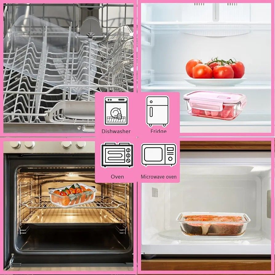 Borosilicate Glass Food Storage Containers with Lids - Airtight Leak Proof Food Container Snap & Lock Shut Lids and Silicone Seal Fridge Organizer Stackable Refrigerator Organizer, Glass Food Storage