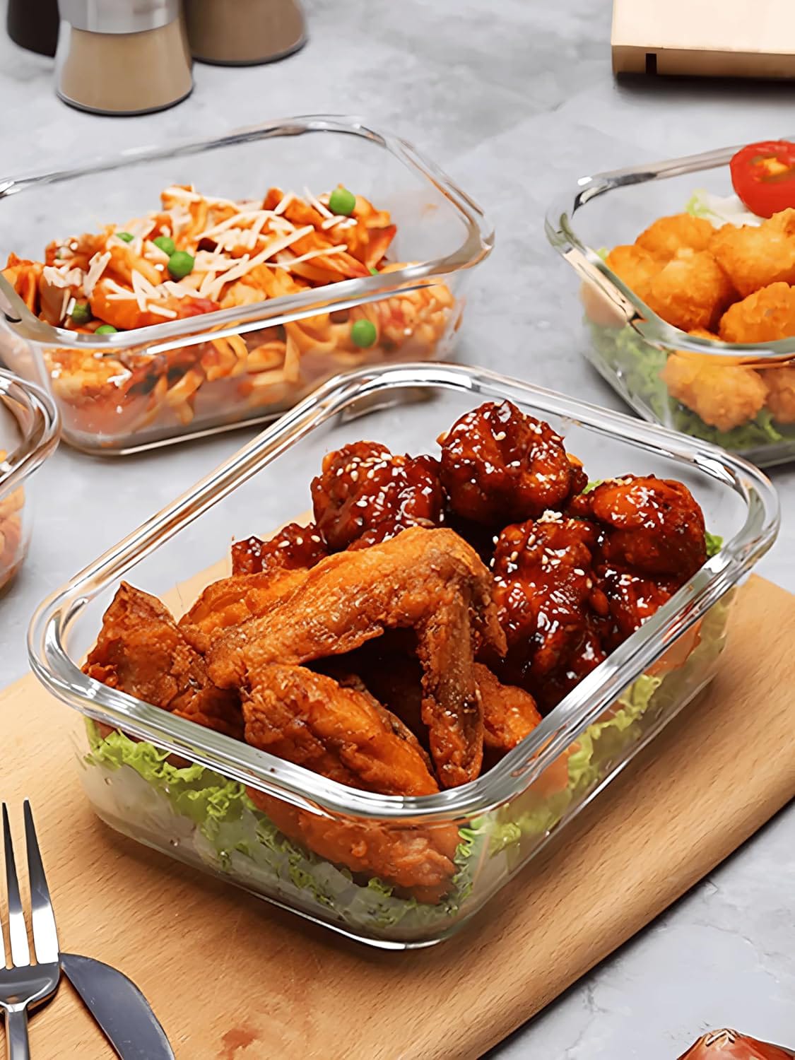 Borosilicate Glass Food Storage Containers with Lids - Airtight Leak Proof Food Container Snap & Lock Shut Lids and Silicone Seal Fridge Organizer Stackable Refrigerator Organizer, Glass Food Storage