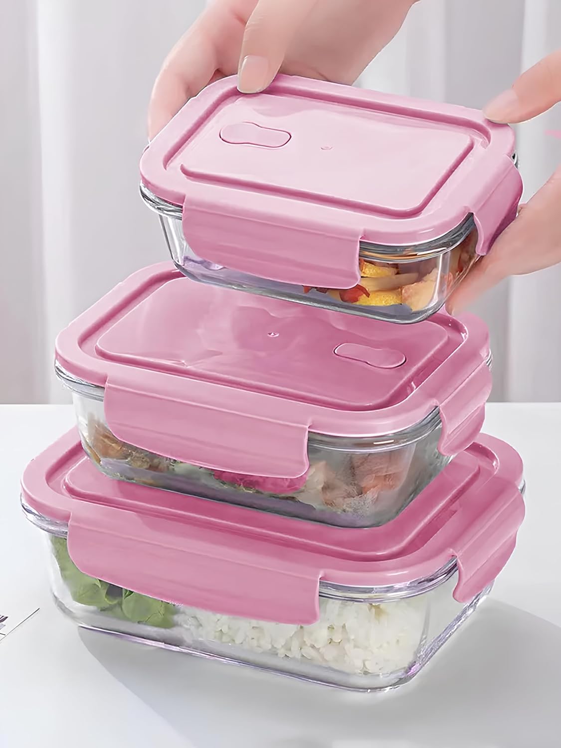 Borosilicate Glass Food Storage Containers with Lids - Airtight Leak Proof Food Container Snap & Lock Shut Lids and Silicone Seal Fridge Organizer Stackable Refrigerator Organizer, Glass Food Storage