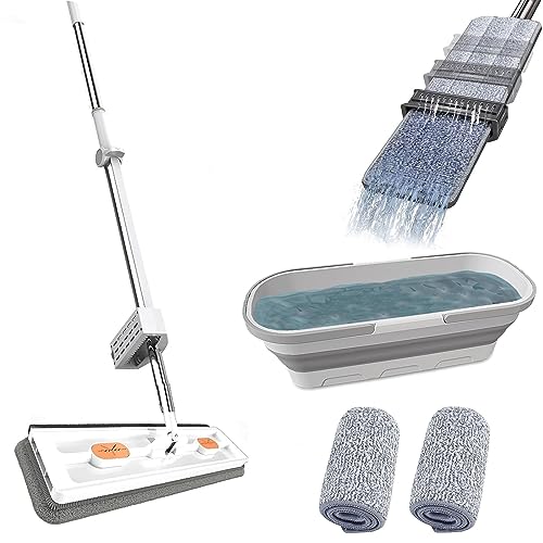 Self wringing hand wash free Flat mop with foldable bucket now available in 2 colour schemes