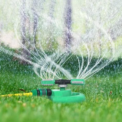 3 Arm 360⁰ Auto-Rotating Water Garden Sprinkler. . Diameter can reach 50 feet. 6. Water-saving design: save water via adjusting the water density, more or less, and range to utilize it best to save