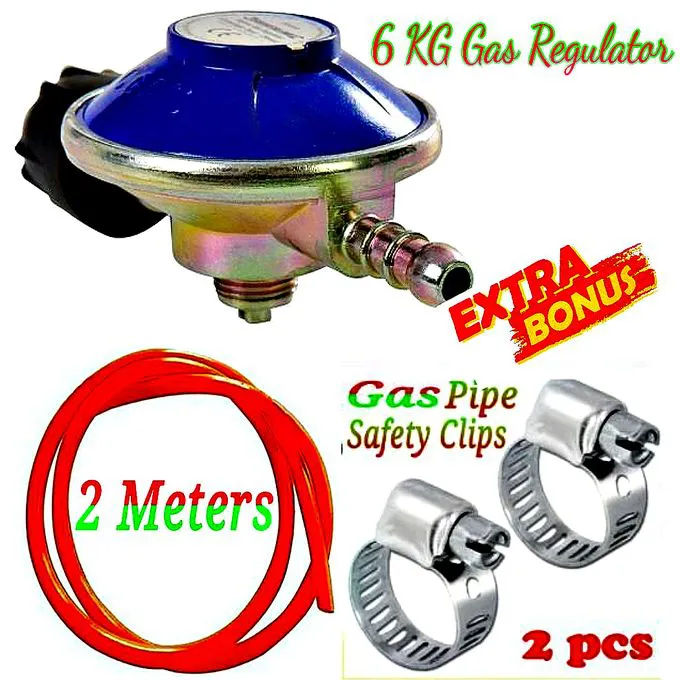 Gas Regulator Gas Cylinder 6kg Plus EXTRA GIFTS Delivery Hose Pipe 2M & 2- Safety Gas Clips Clamps For Double / 2 Burner Cooker