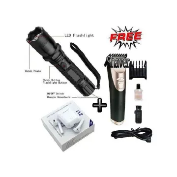Best Bright 3-in-1 Rechargeable Self-Defense Stun Gun Torch + Laser Pointer + Flashlight + Free i12TWS Earbuds + Hair Clipper | Barber Set | Kinyozi Accessories