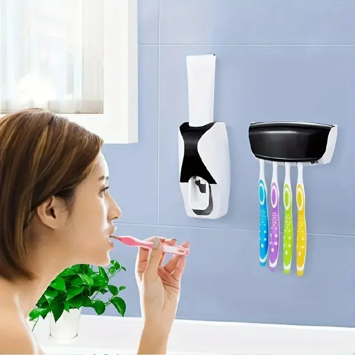 Automatic Toothpaste Dispenser Wall Mount Dust-proof Toothbrush Holder Wall Mount Bathroom Accessories Set Squeezer