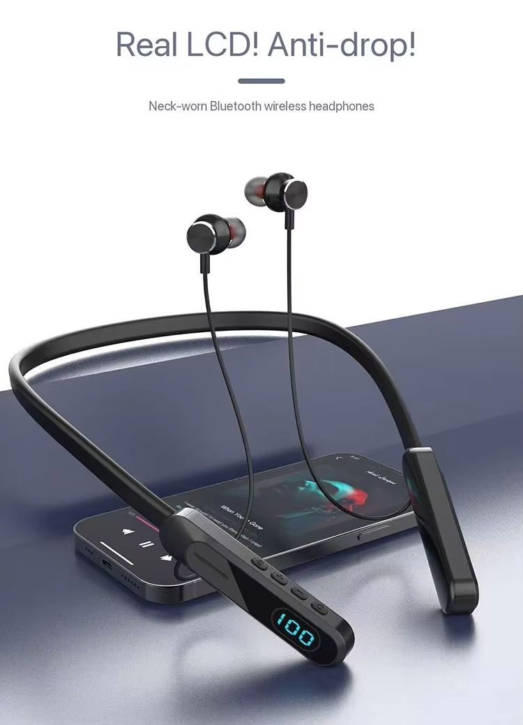 PAFEL S06 Wireless Neckband Bluetooth Earphones - LCD Power Display, TF Card Slot MP3 Player, 20H Long Playtime, 5 EQ Sound Modes Deep Bass Sports Headset Earpods with Mic, Type-C Fast Charging  Black