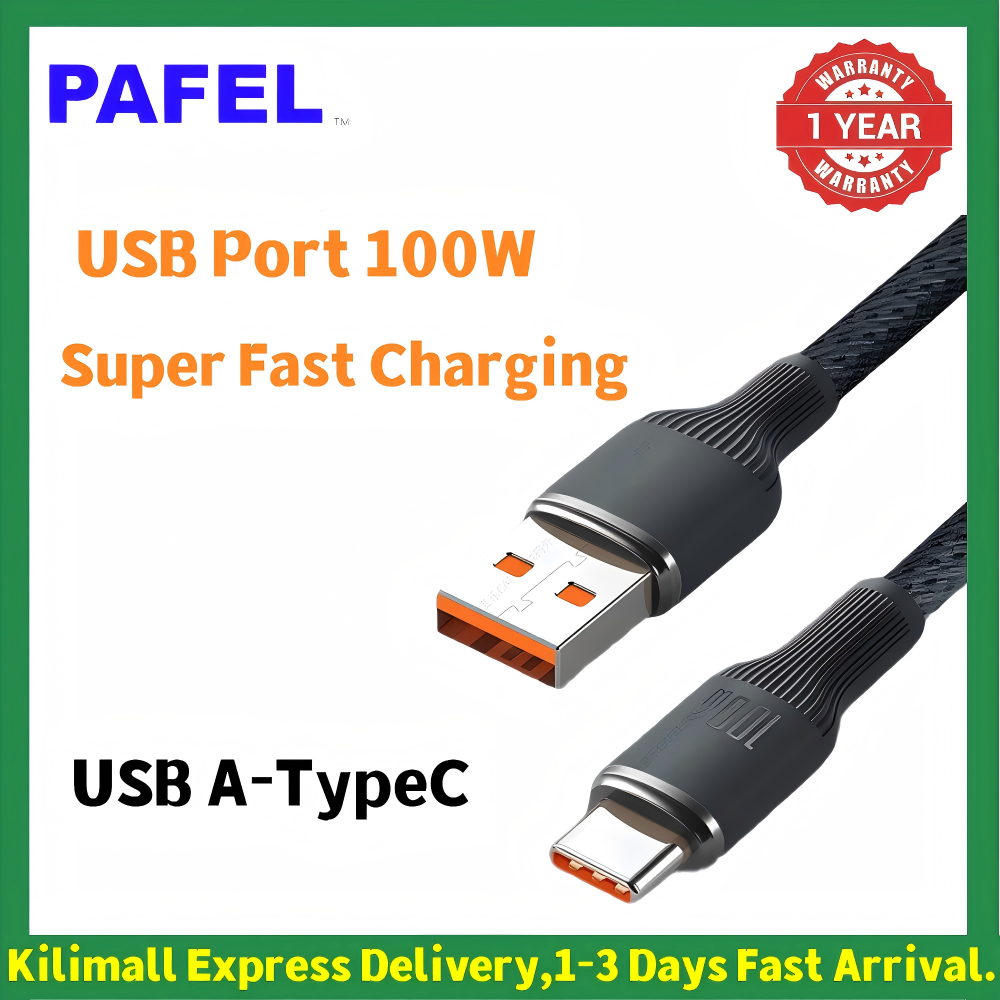 New PAFEL 100W Super Fast Charging Cable 6A Nylon Braided Type-C to C / USB-A Cord for iPhone 15 16 Huawei Samsung Tecno Laptop MacBook Data Cable - Black