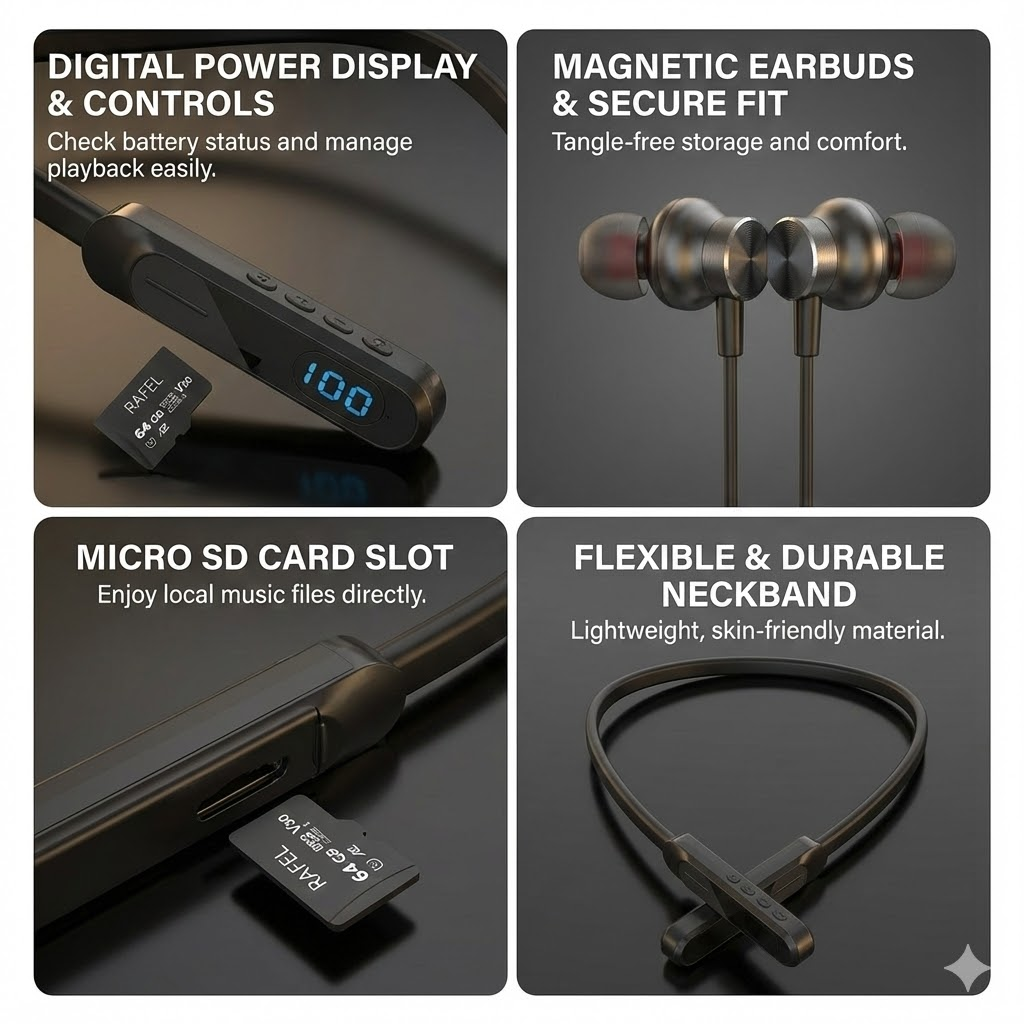 PAFEL S06 Wireless Neckband Bluetooth Earphones - LCD Power Display, TF Card Slot MP3 Player, 20H Long Playtime, 5 EQ Sound Modes Deep Bass Sports Headset Earpods with Mic, Type-C Fast Charging  Black