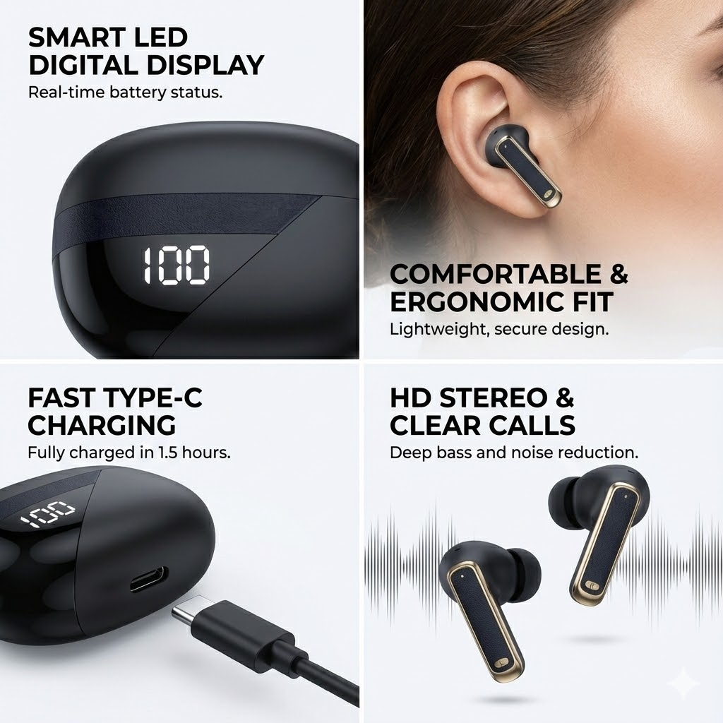 New Arrival PAFEL NE115 TWS Wireless Earphone Bluetooth 5.4 - LED Power Display Deep Bass Low Power BES Noise Reduction Mic Earbuds Type-C Fast Charging Earpods for Tecno Infinix Samsung iPhone Black