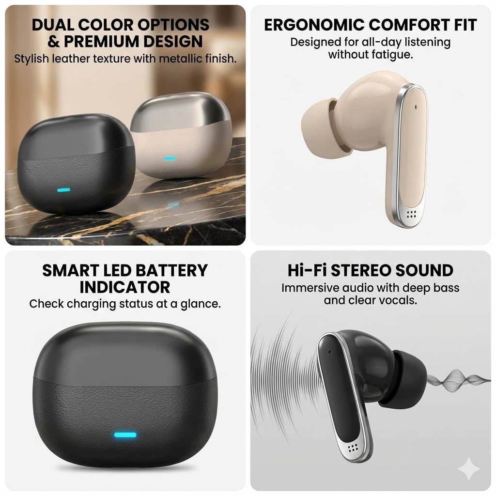 New Arrival PAFEL P300 TWS Wireless Earphone Earbuds Bluetooth 6.0 Deep Bass Earpods 3D Sound Premium Leather Texture Case HD Noise Cancelling Mic Type-C Fast Charging Headset for Android iPhone Black