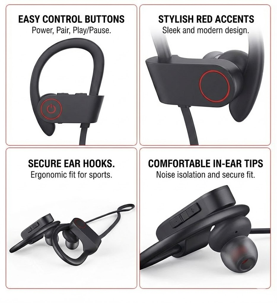 New PAFEL Sports Wireless Bluetooth 5.3 Earphones Secure Ear - Hook Running Headphones IPX Sweatproof Gym Headset Deep Bass HD Mic Earpods  for Android iPhone - Black / Red