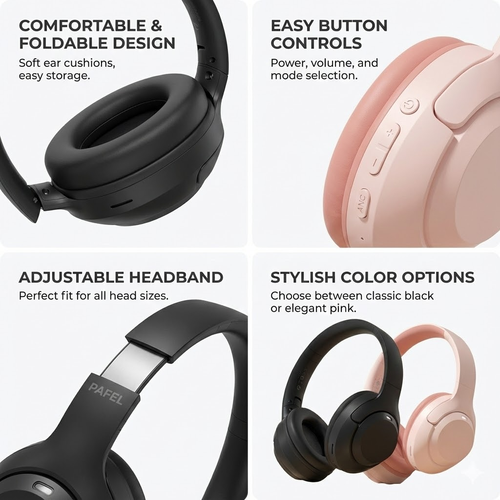 New PAFEL V630 Wireless Over-Ear Headphones 50H Battery BT 5.3 Deep Bass Gaming Headset Foldable with TF Card Slot AUX Mic Earphone Earpods for Android iPhone PC - Black / Pink