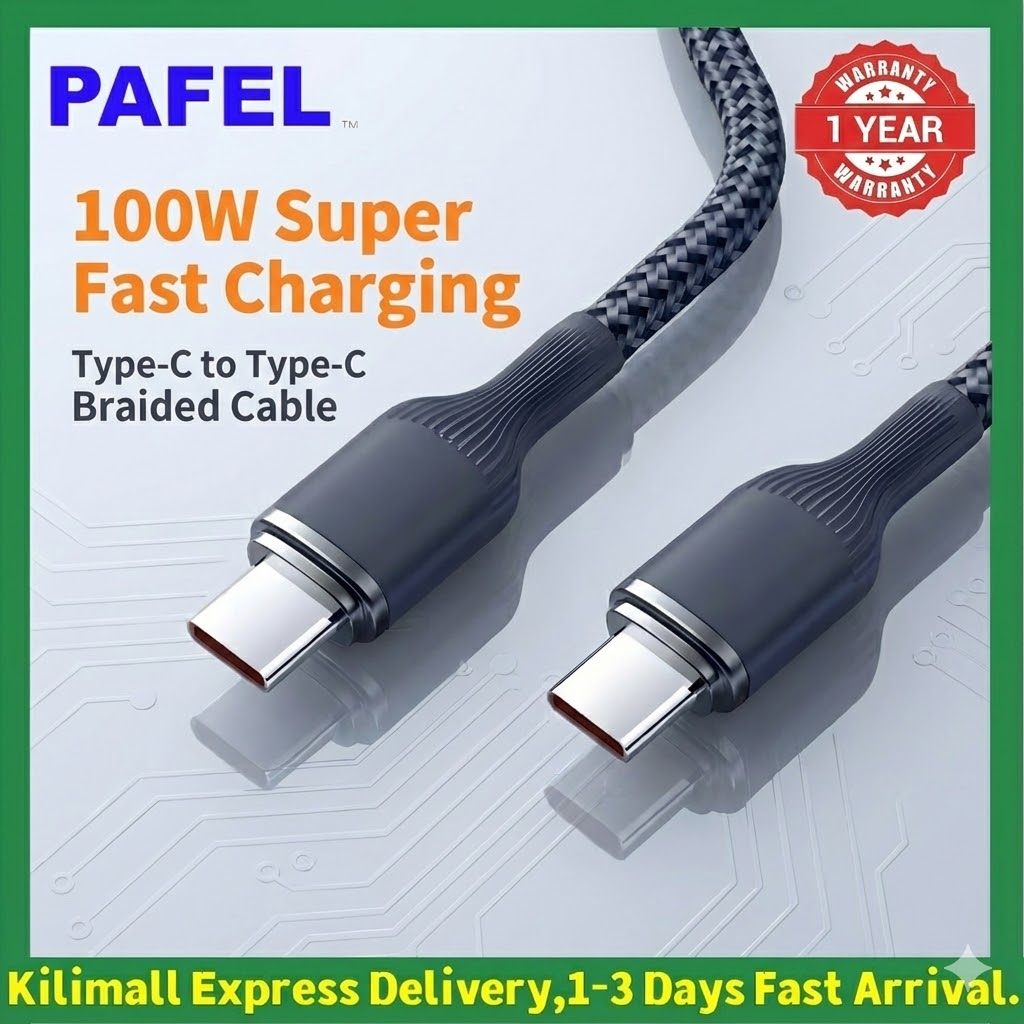 New PAFEL 100W Super Fast Charging Cable 6A Nylon Braided Type-C to C / USB-A Cord for iPhone 15 16 Huawei Samsung Tecno Laptop MacBook Data Cable - Black
