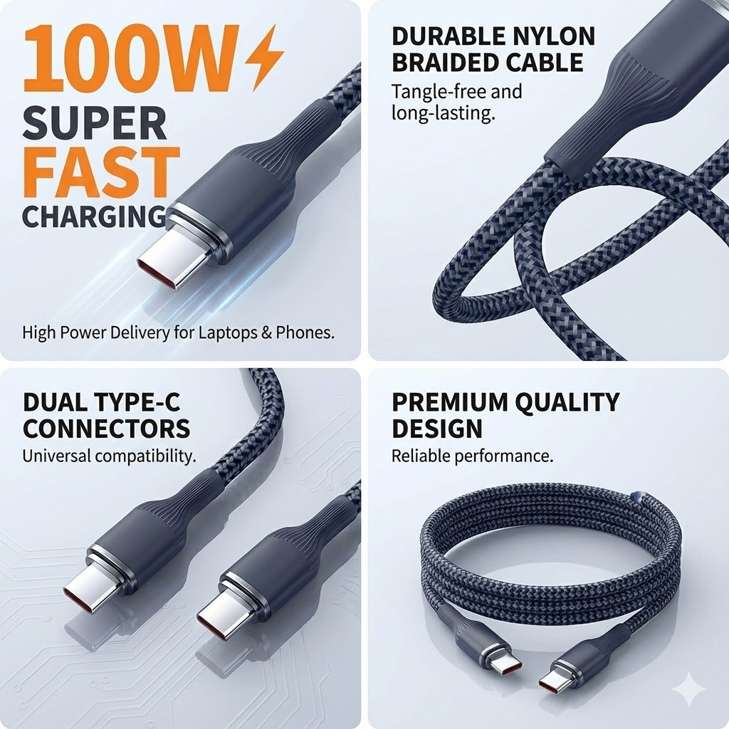New PAFEL 100W Super Fast Charging Cable 6A Nylon Braided Type-C to C / USB-A Cord for iPhone 15 16 Huawei Samsung Tecno Laptop MacBook Data Cable - Black